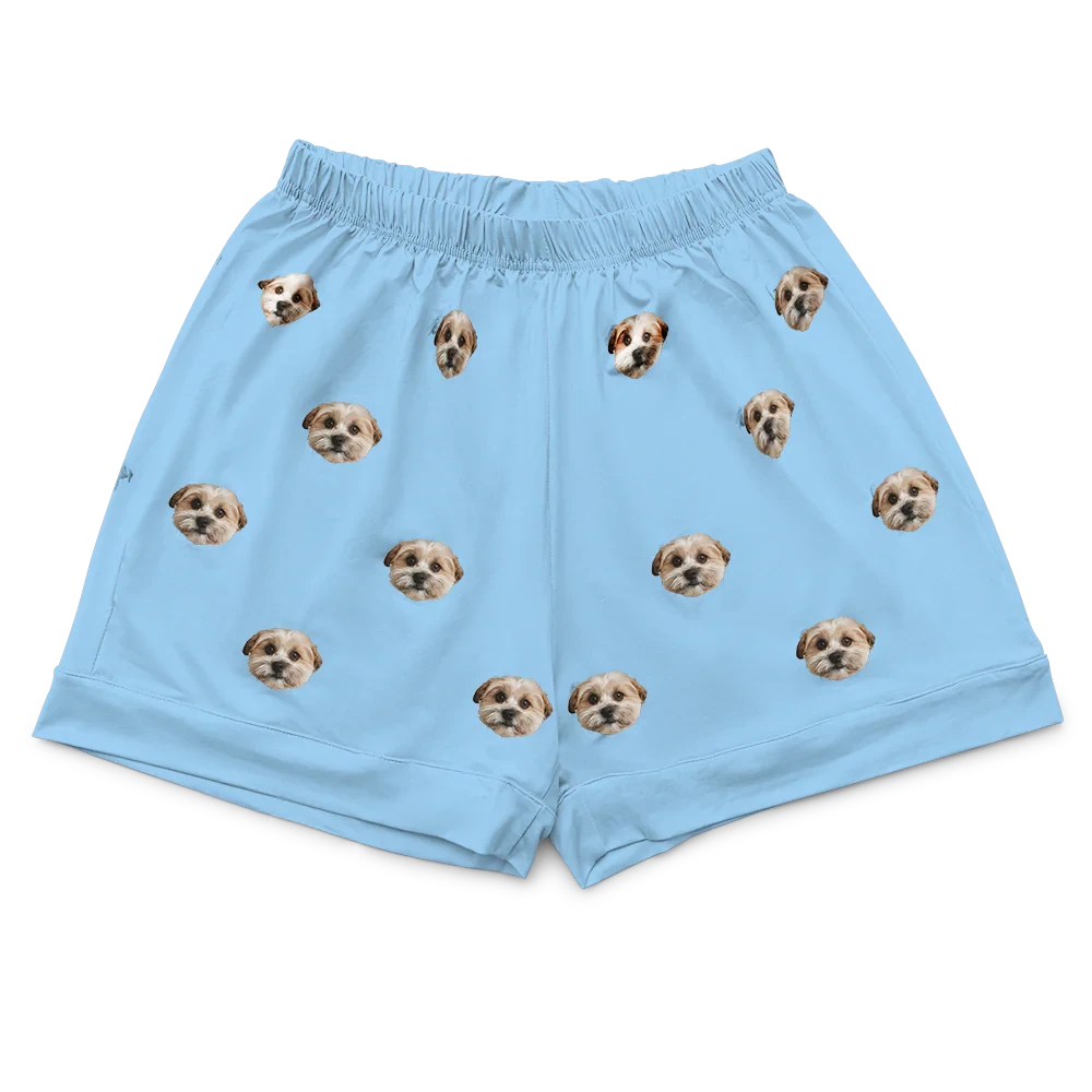 These are pajama shorts in a blue color with repeating pet faces on them[PajamaShorts($45.00)]