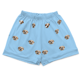 These are pajama shorts in a blue color with repeating pet faces on them[SkyBluePajamaShorts]