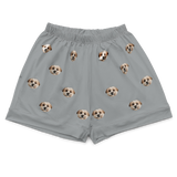 These are pajama shorts in a gray color with repeating pet faces on them[SlateGrayPajamaShorts]