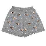 These are pajama shorts in a gray color with repeating pet faces on them[PajamaShorts]