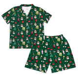 Men’s short sleeve pajama set with 7-inch shorts in dark green, featuring custom dog portraits and A Christmas Story-inspired holiday graphics, including Christmas trees, leg lamps, houses, flags, and festive characters, on a white background.