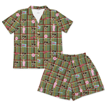 Kids’ short sleeve pajama set with green plaid shorts, featuring custom dog portraits, pink Ralphie bunny suit figures, and A Christmas Story-inspired graphics on a white background.