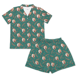 Green short pajamas with berry print and repeating smiling baby face patterns[BerriesShortSleevePajamaShirt&ShortsSet]