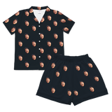 Dark short pajamas and shorts with repeating wide-open laughing man face prints[BlackShortSleevePajamaShirt&ShortsSet]