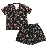 Black short-sleeve pajama set with white snowflakes and repeating wide-open, tongue-out face prints[BlackandWhiteSnowflakesShortSleevePajamaShirt&ShortsSet]