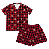 Red and black buffalo plaid pajamas with repeating smiling man face prints[BuffaloPlaidShortSleevePajamaShirt&ShortsSet]