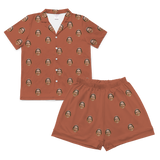 Cocoa-brown short pajamas and shorts with repeating smiling woman face prints[CocoaShortSleevePajamaShirt&ShortsSet]