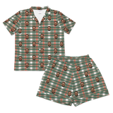 Festive green, white, and red plaid pajamas with repeating smiling man prints[FlannelShortSleevePajamaShirt&ShortsSet]
