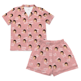 Light pink short-sleeve pajama set with child face prints, “I LOVE MOM” text, and white heart icons[ILoveMomShortSleevePajamaShirt&ShortsSet]