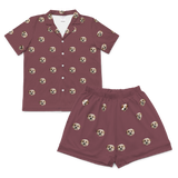 This is a pajama set which contains a short sleeve shirt with buttons and a short pajama[MaroonShortSleevePajamaShirt&ShortsSet]