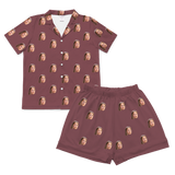 Maroon short pajamas and shorts with repeating young woman kissy face prints[MaroonShortSleevePajamaShirt&ShortsSet]