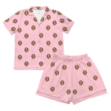 Pink short pajamas with matching shorts and repeating smiling woman face prints[PinkDreamShortSleevePajamaShirt&ShortsSet]