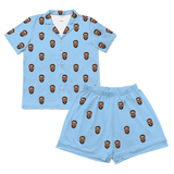 Light blue short pajamas and shorts with repeating smiling bearded man face prints[SkyBlueShortSleevePajamaShirt&ShortsSet]
