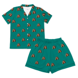 Teal green short pajamas and shorts with repeating smiling woman prints[SolidGreenShortSleevePajamaShirt&ShortsSet]