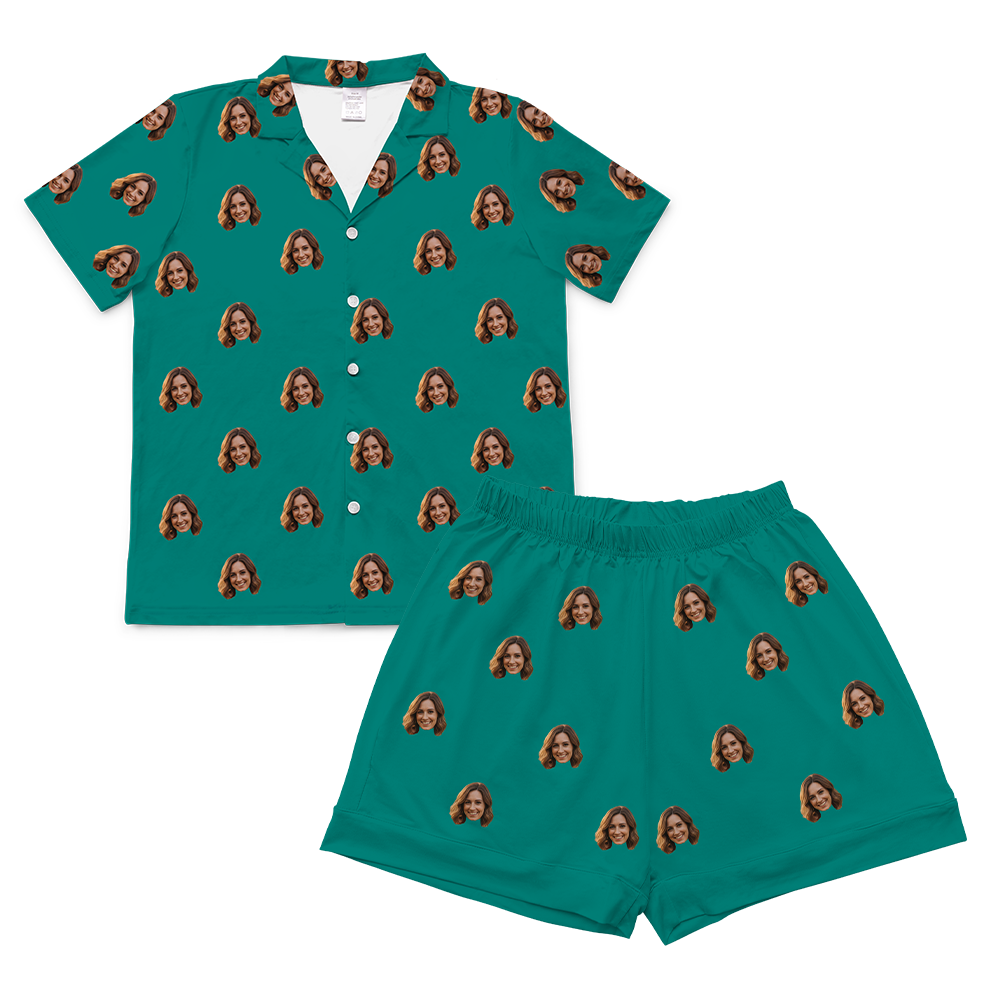 A two-piece set of short-sleeve pajamas in a solid teal green color. The pajamas are customized with multiple small, repeating images of a woman's smiling face covering the entire fabric of both the shirt and the shorts.