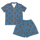 Dusty blue short-sleeve pajama set with Star of David outlines and tiny white and yellow stars[StarofDavidShortSleevePajamaShirt&ShortsSet]