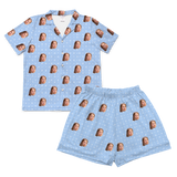 Light blue snowflake pajamas with repeating playful fish-face girl prints[SnowflakesShortSleevePajamaShirt&ShortsSet]