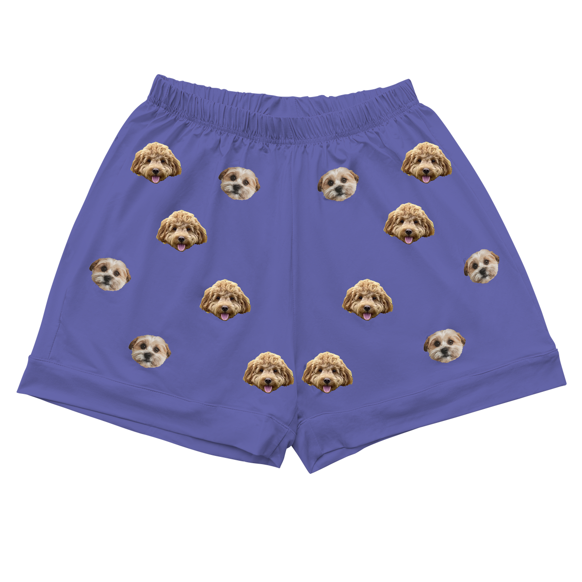 A pair of short pajama shorts in a solid grape purple color with an elastic waistband. The fabric features a repeating pattern of small, cropped photos of two different dogs' faces.