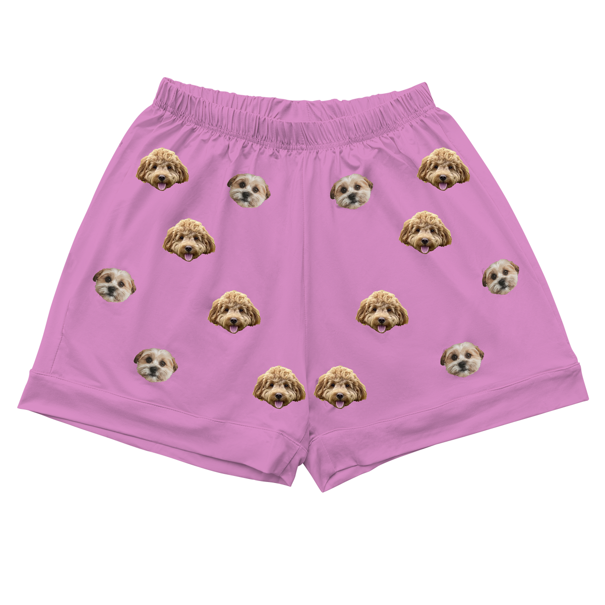 A pair of orchid-colored pajama shorts with an elastic waistband. They feature an all-over repeating pattern of the faces of two different small dogs.