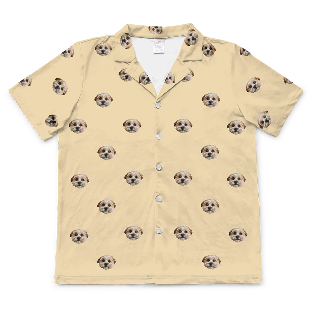 These are pajama shirt in a yellow color with repeating pet faces on them[ShortSleevePajamaShirt]