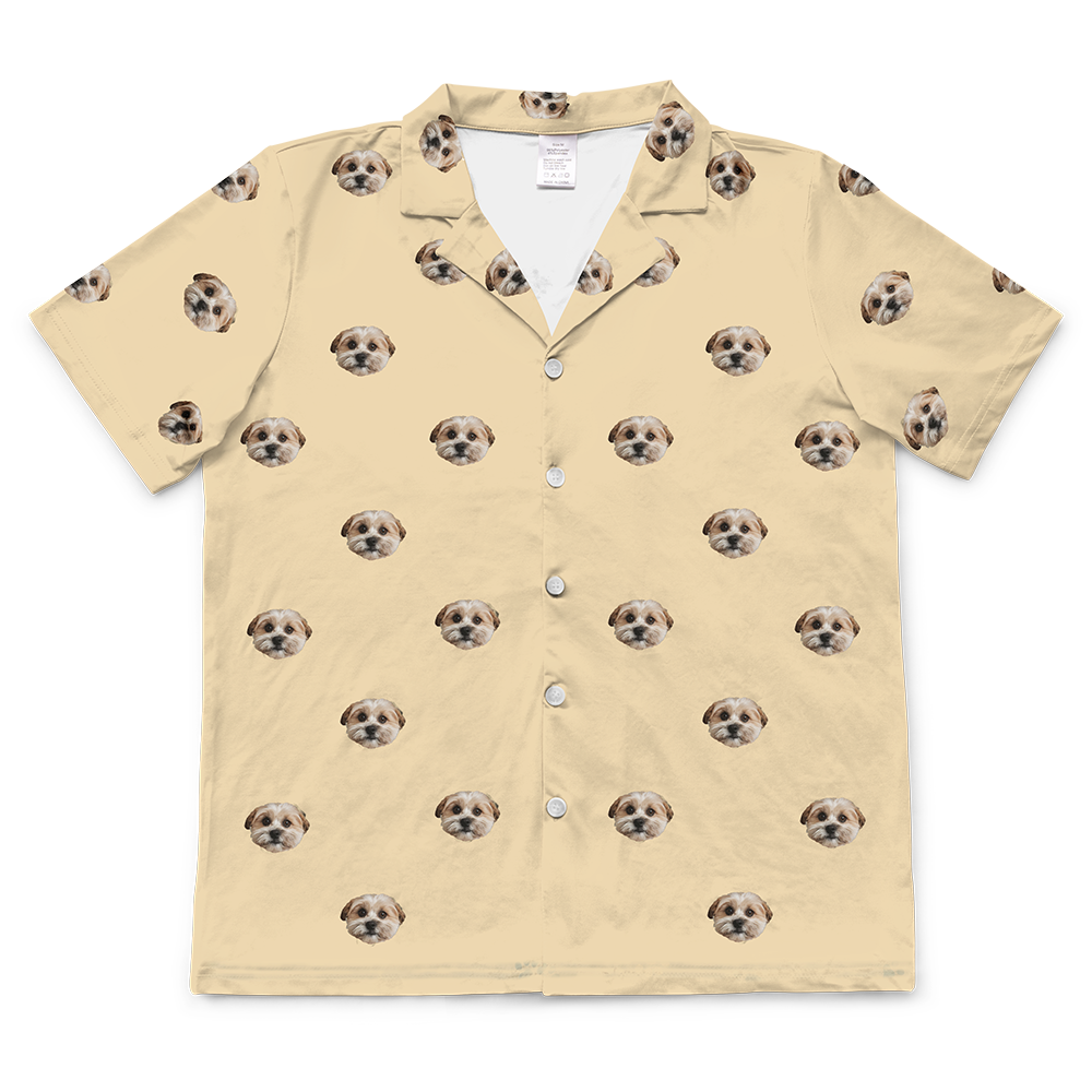 These are pajama shirt in a butter yellow color with repeating pet faces on them[ButterYellowShortSleevePajamaShirt]