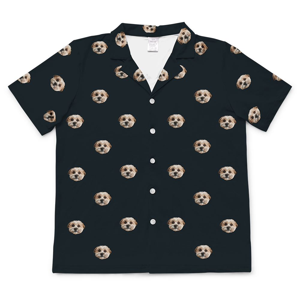 These are pajama shirt in a black color with repeating pet faces on them[ShortSleevePajamaShirt]