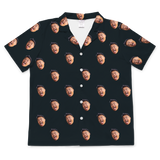 Dark button-up shirt with spaced wide-open, tongue-out expressive face prints[BlackShortSleevePajamaShirt]