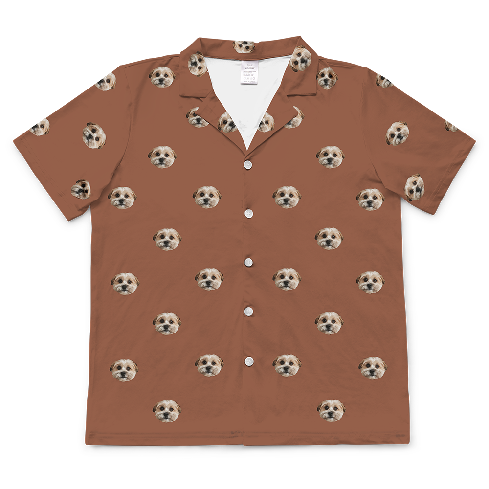 These are pajama shirt in a brown color with repeating pet faces on them[ShortSleevePajamaShirt($45.00)]