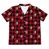 Red & black buffalo plaid button-up with repeating smiling bearded man faces[BuffaloPlaidShortSleevePajamaShirt]