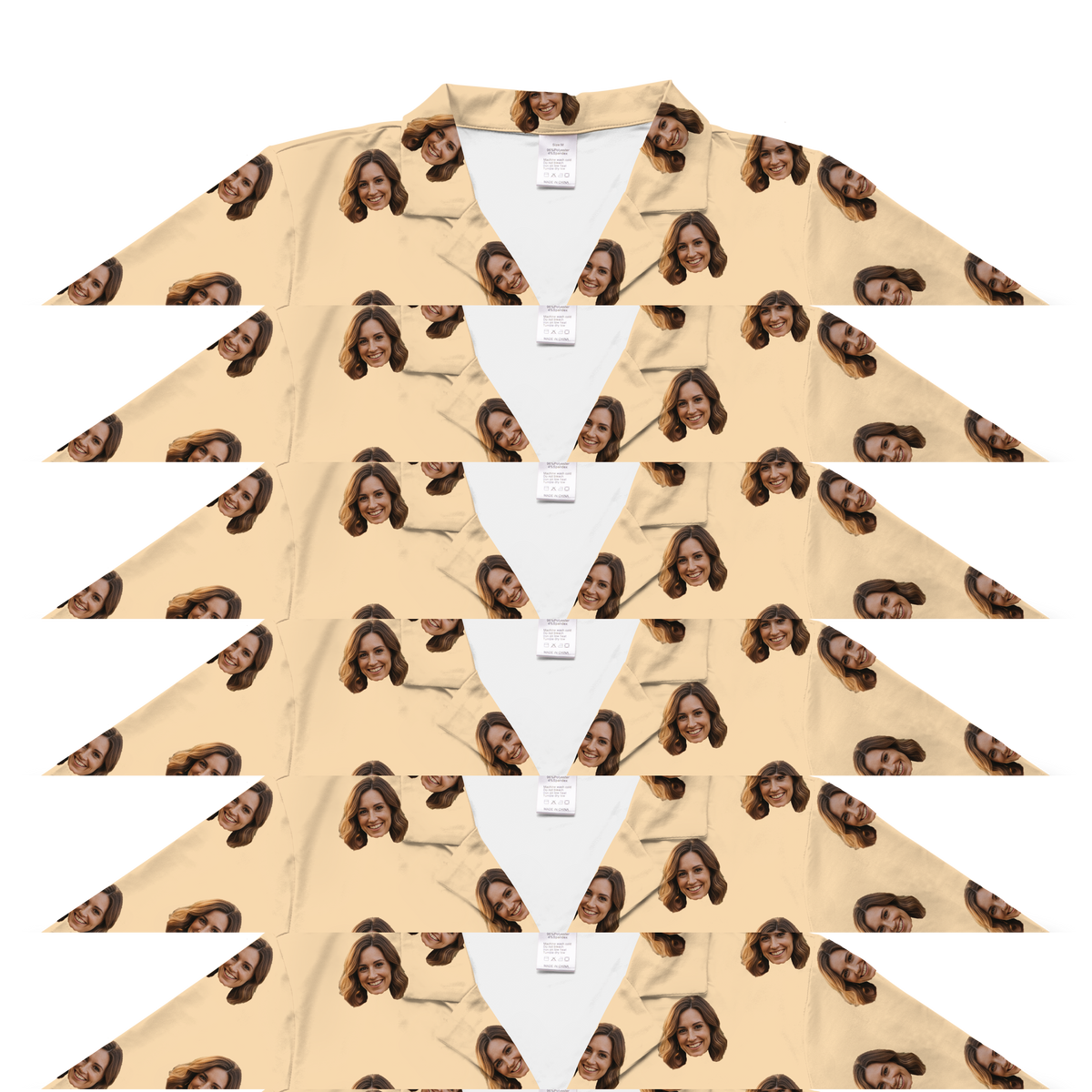 Buttery yellow button-down pajama top with smiling brown-haired woman prints[ButterYellowShortSleevePajamaShirt]