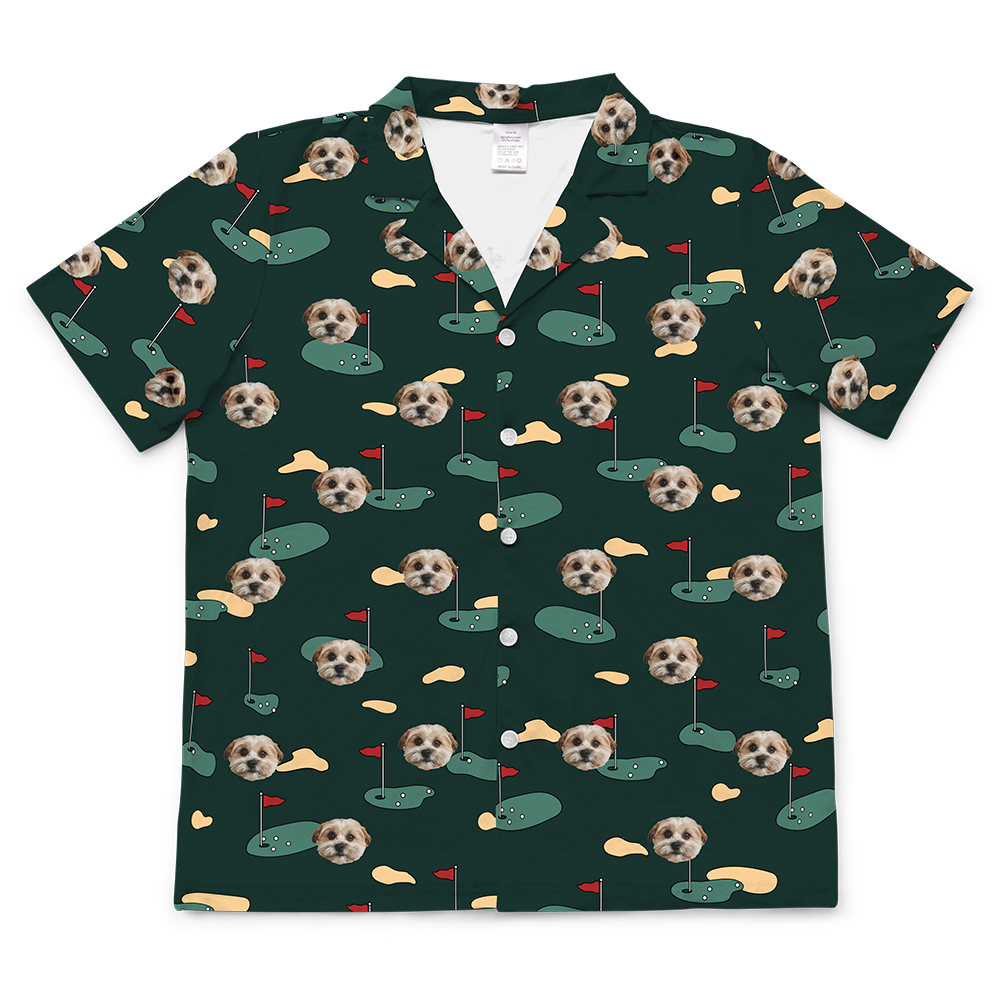 Shirt with a dog-themed golf pattern on a green background