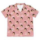 Pink button-up pajama with “I LOVE MOM”, white hearts, and smiling boy faces[ILoveMomShortSleevePajamaShirt]