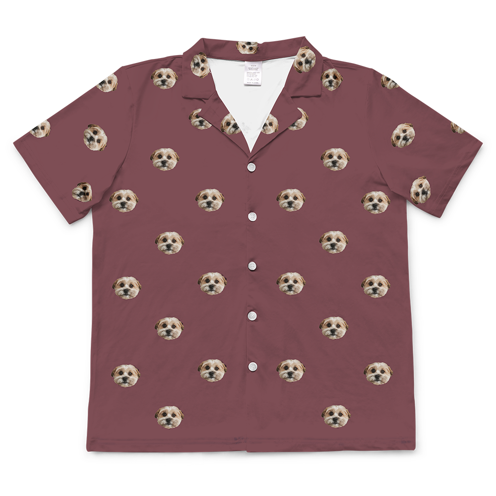 These are pajama shirt in a maroon color with repeating pet faces on them[ShortSleevePajamaShirt($45.00)]