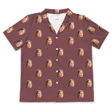 Maroon short-sleeve button-up pajama with evenly spaced playful fish-face or kissy girl prints[MaroonShortSleevePajamaShirt]