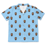 Sky blue short-sleeve button-up pajama with evenly spaced prints of a smiling bearded man’s face[SkyBlueShortSleevePajamaShirt]