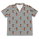 Gray short-sleeve button-up shirt with an all-over repeating print of the same smiling man’s face[SlateGrayShortSleevePajamaShirt]
