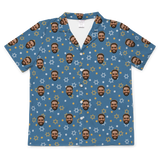 Dusty blue button-up shirt with Star of David, dots, and smiling bearded man faces[StarofDavidPajamaShorts]