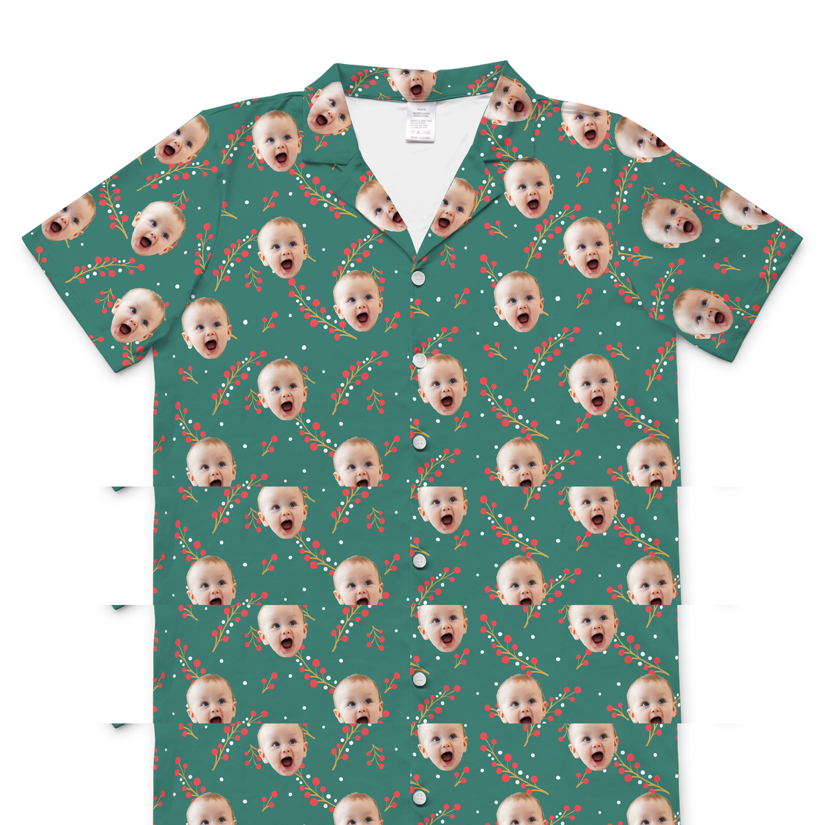 Teal short-sleeve button-up shirt with festive red berry and green stem pattern, accented with white dots[BerriesShortSleevePajamaShirt]