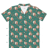 Teal short-sleeve button-up shirt with festive red berry and green stem pattern, accented with white dots[BerriesShortSleevePajamaShirt]