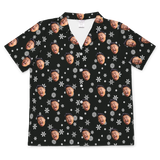 Black button-up shirt with white snowflakes and repeating tongue-out faces[BlackandWhiteSnowflakesShortSleevePajamaShirt]