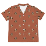 Burnt orange short-sleeve button-up shirt with evenly spaced prints of a smiling woman’s face[CocoaShortSleevePajamaShirt]