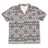 Gray button-up shirt: white Nordic fair isle with stripes, crosses & snowflakes[HolidaySweaterPajamaShorts]