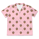 Light pink short-sleeve button-up pajama shirt with evenly spaced prints of a smiling woman’s face[PinkDreamShortSleevePajamaShirt]
