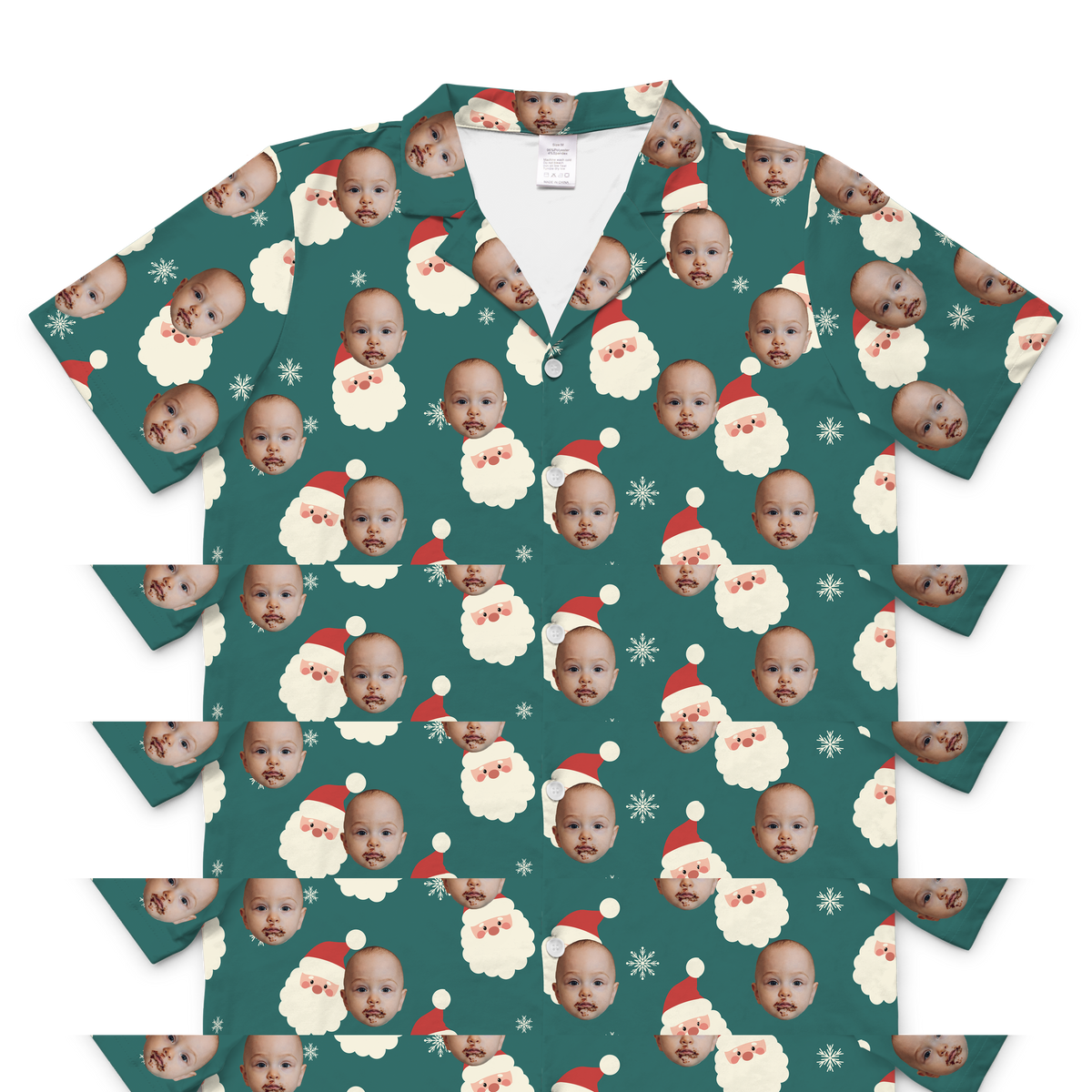 Dark teal button-up shirt with repeating Santa faces and white snowflakes[SantaShortSleevePajamaShirt]