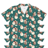 Dark teal button-up shirt with repeating Santa faces and white snowflakes[SantaShortSleevePajamaShirt]