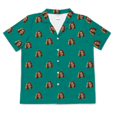 Teal short-sleeve button-up shirt with evenly spaced prints of a smiling woman’s face throughout[SolidGreenShortSleevePajamaShirt]
