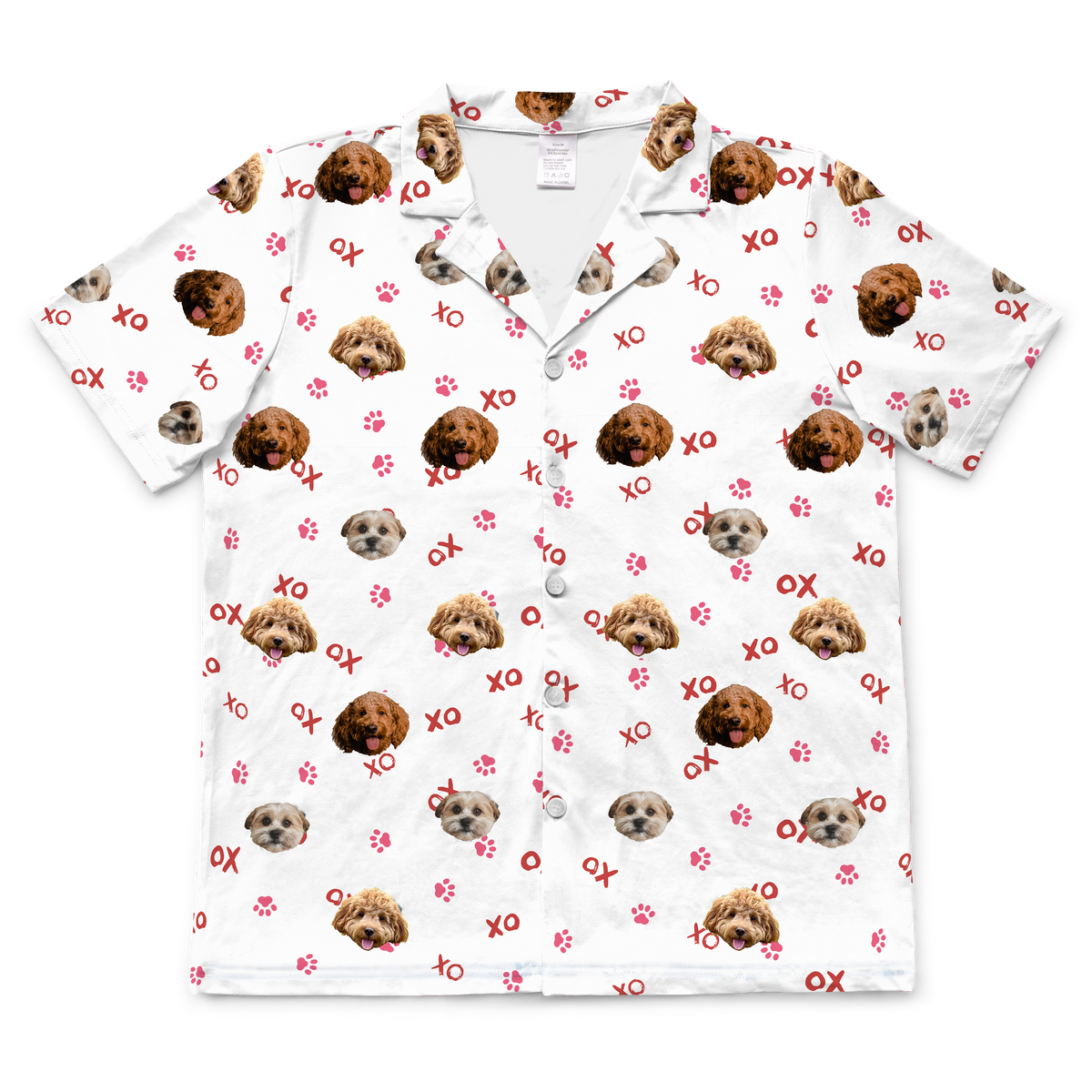 White short-sleeve shirt with dog pattern and red designs on a white background