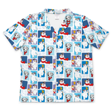 A short-sleeve button-up camp shirt with a repeating cartoon pattern of polar bears, Dalmatian dogs, and snow globes in shades of blue, white, red, and yellow on a white background.