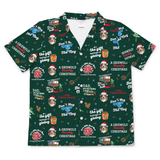 A short-sleeve button-front scrub top with an all-over Christmas dog print on a dark green background. The pattern features illustrations of dogs in Santa hats, holiday quotes like 'A Griswold Christmas' and 'Don't Hopy The Flog', gift boxes, ornaments, and snowflakes.