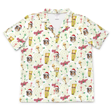 A short-sleeve button-up camp collar shirt with an all-over festive print featuring golf balls, clubs, golf holes, and the word 'Ozarks' in red script, displayed flat against a white background.[ShortSleevePjs_top_IconicLeglamp_Kids]